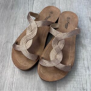 Tan Slip-On Sandals with Textured Straps and Cork Sole
